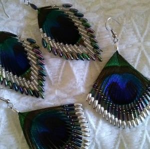 2 PAIRS BEADED PEACOCK FEATHER EARRINGS